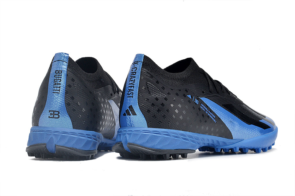 Chuteira Society Adidas X Crazyfast.1 TF Preta e Azul "Bugatti"