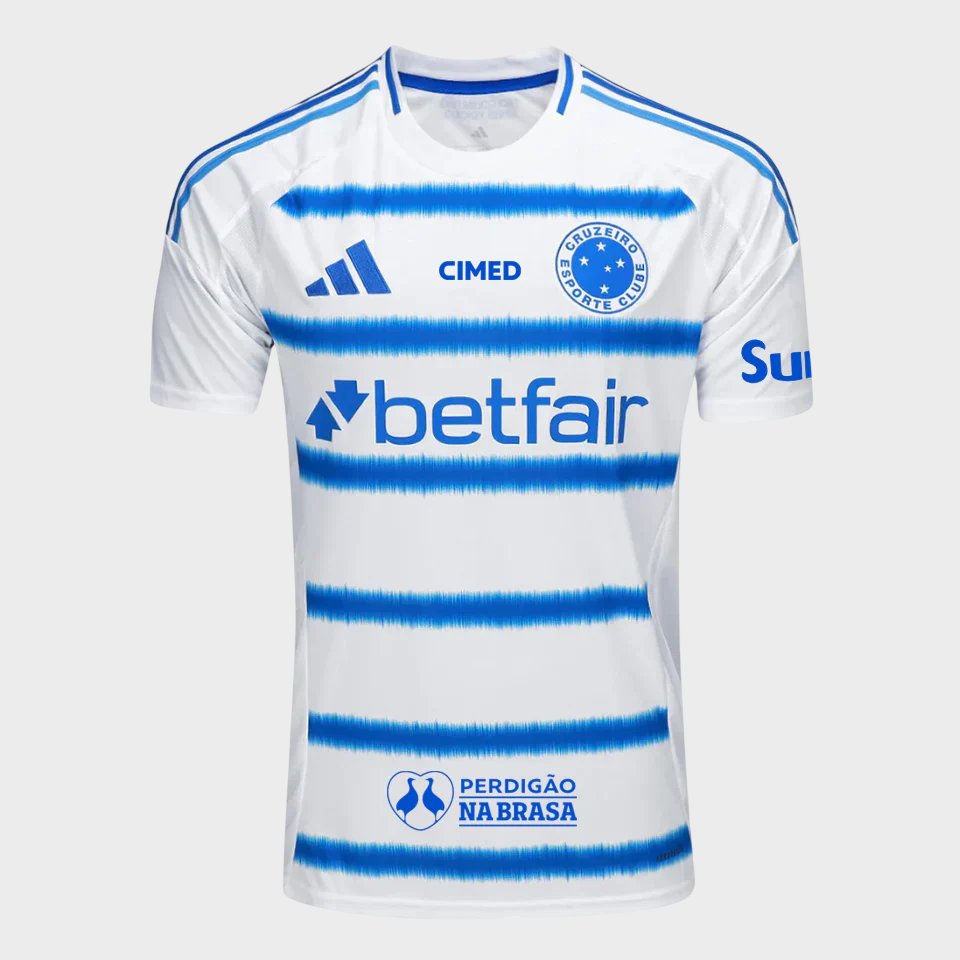 Camisa Cruzeiro II 25/26 Torcedor Masculina Branco e Azul Patrocínios